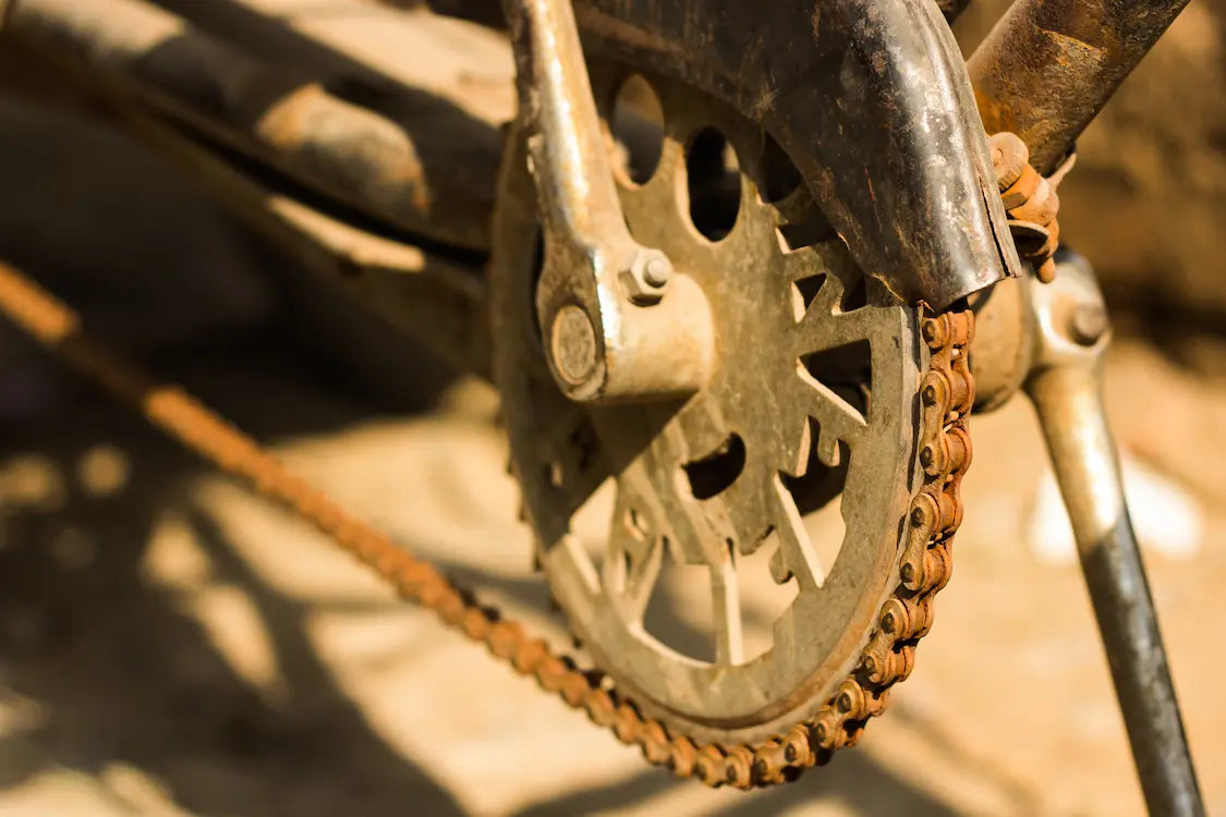 Bicycle chain rusted and covered in dirt. 